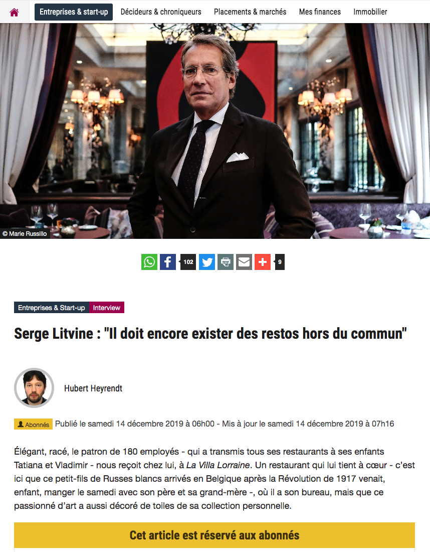 Page Internet. Dossier Lalibre. Serge Litvine - Il doit encore exister des restos hors du commun, interview par Hubert Heyrendt. Photo © Marie Russillo. 2019-12-14